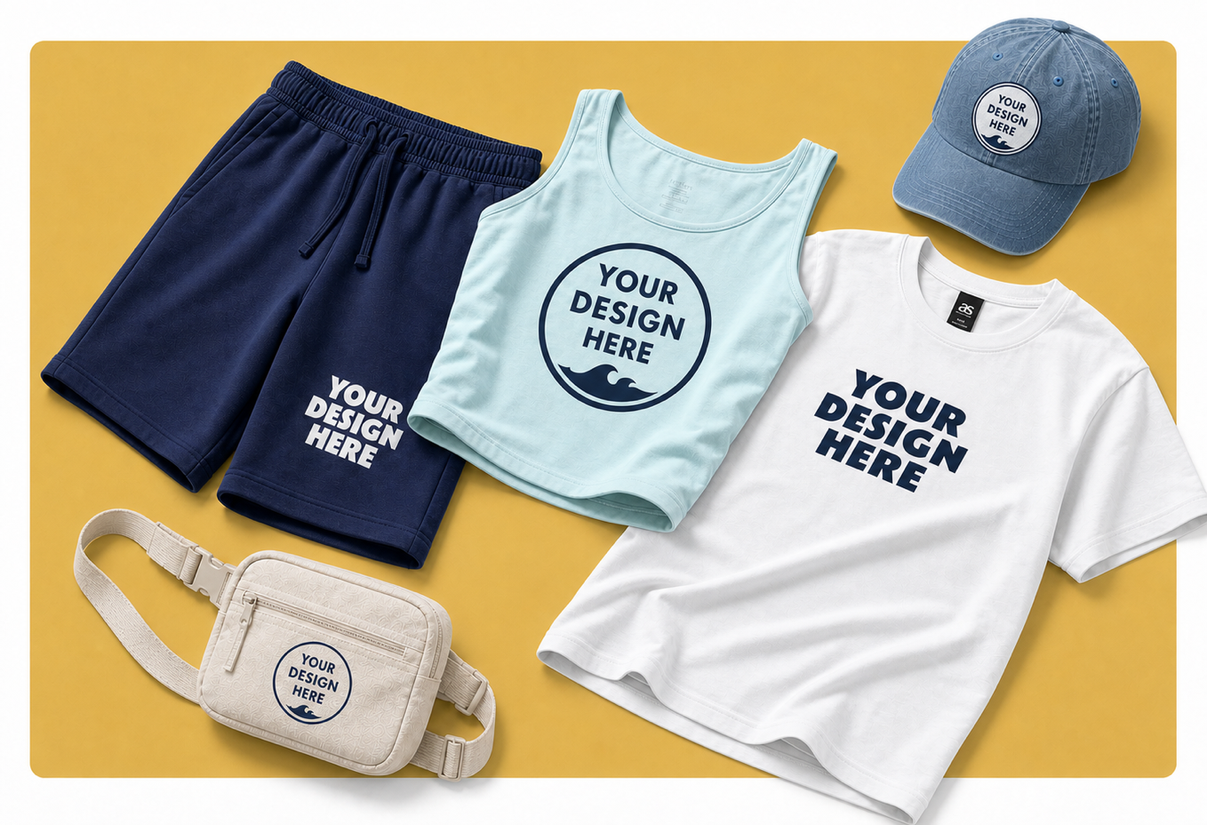 Custom merch preview with shorts, tank top, shirt, hat, and bag